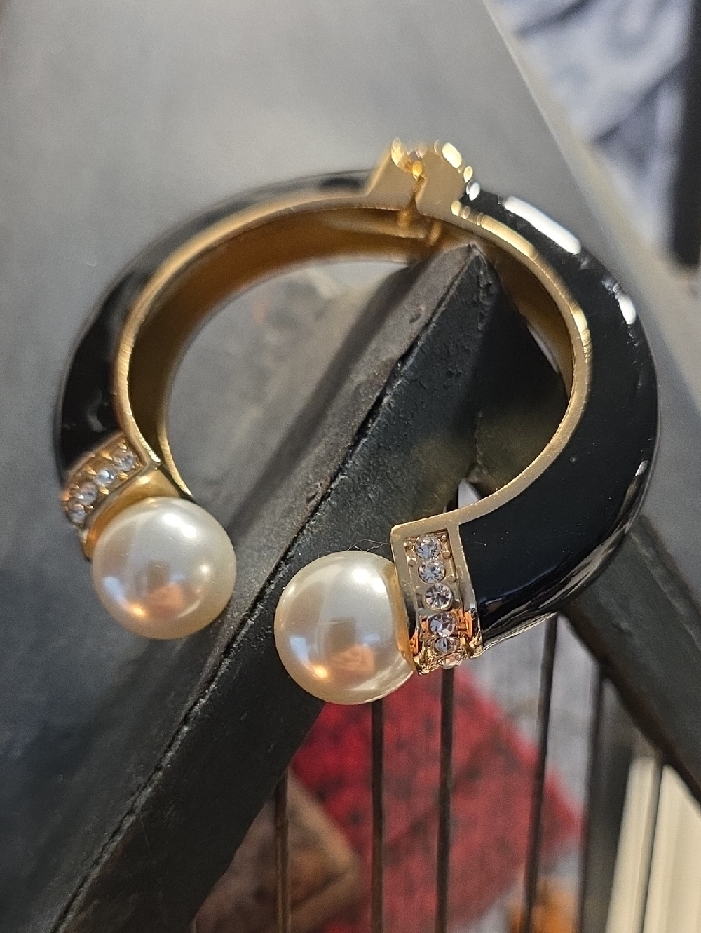 Elegant Black Enamel Pearl Cuff Bracelet - Gold Accent